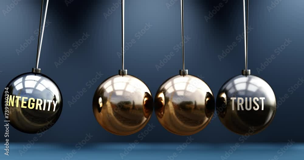 Integrity leads to trust. A Newton cradle metaphor in which integrity gives power to set trust in motion. Cause and effect relation between integrity and trust. Can be looped Integrity leads to trust. A Newton cradle metaphor in which integrity gives power to set trust in motion. Cause and effect relation between integrity and trust. Can be looped