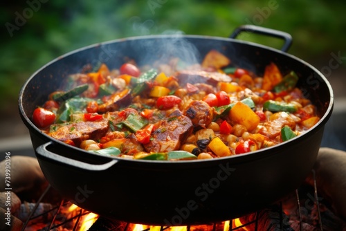 Rustic outdoor cooking scene with food simmering in a pot over a campfire in the wilderness