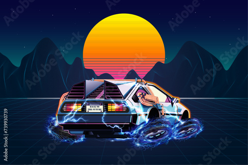 Retro futuristic time-machine car, in the space-time continuum. 1980s style. Vintage poster