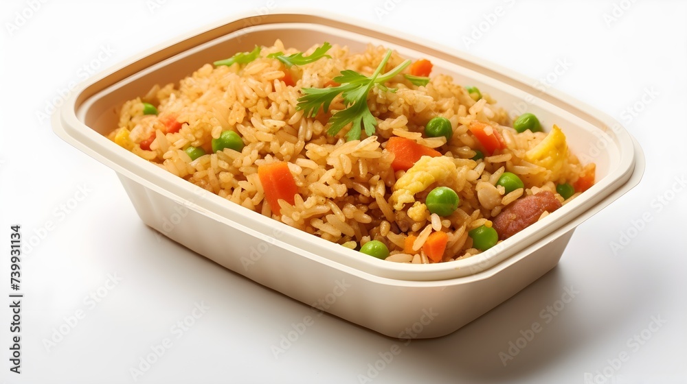 Fried rice in a container, an Asian cuisine Fried rice in a container, an Asian cuisine