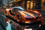 futuristic car on a glossy road, transport of the future, city streets