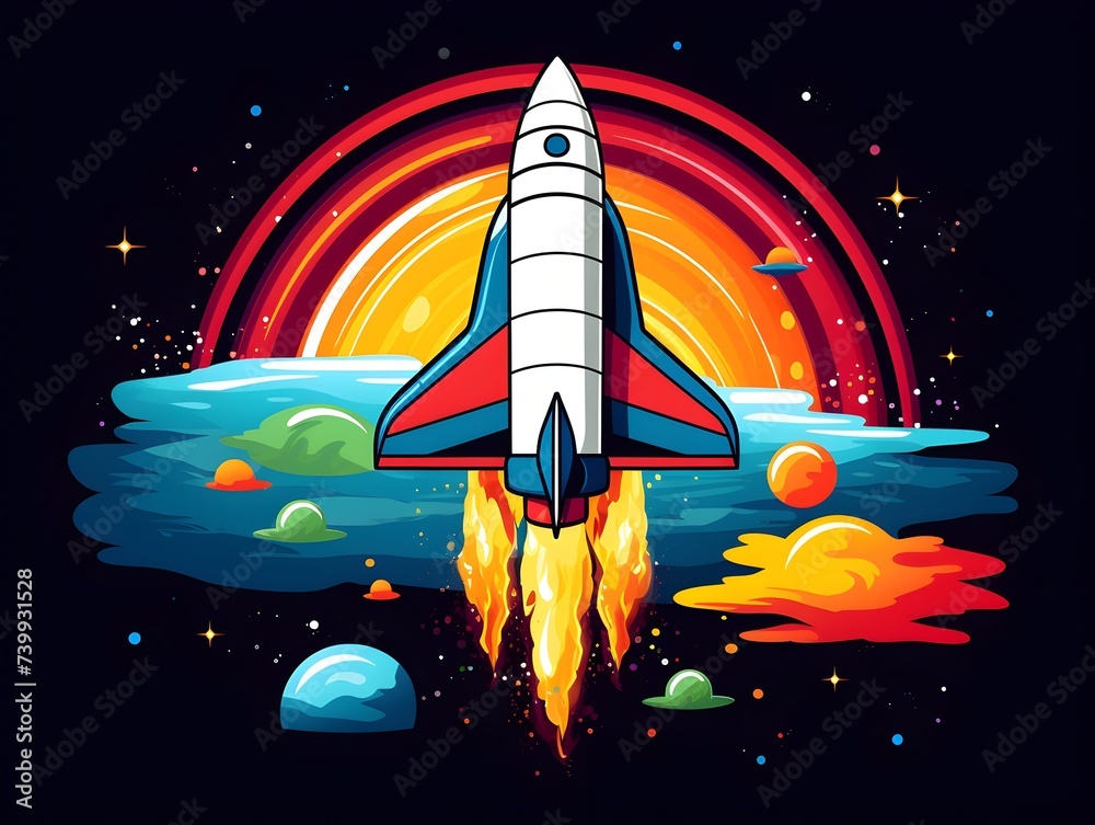 Obraz premium Retro space rocket soaring through the galaxy t-shirt design