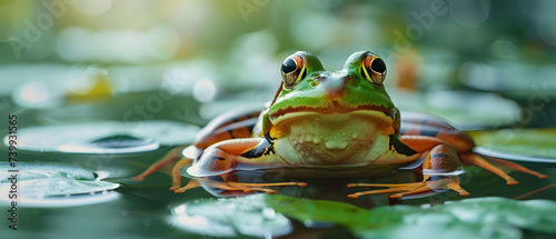Frog in the pond, on a leaf, and in the water, surrounded by nature's greenery