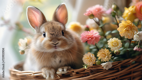 Cute rabbit and flowers in bamboo basket. © Cimutimut