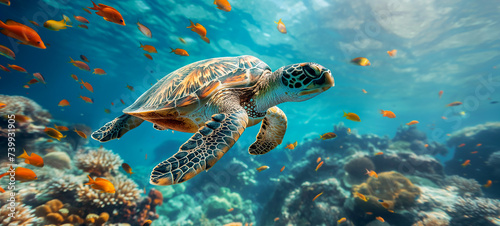 Sea turtle swims under water on the background of coral reefs. Maldives Indian Ocean coral reef. photo