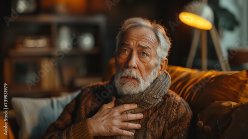 Old Man having Heart Pain while Sitting on sofa, soft focus, blur background, Elderly caucasian sweating and fainting photo