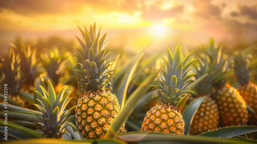 Sunlit scene overlooking the pineapple plantation with many pineapples, bright rich color, professional nature photo Sunlit scene overlooking the pineapple plantation with many pineapples, bright rich color, professional nature photo