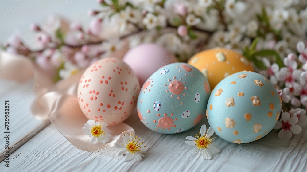 Easter eggs are painted in pastel colors. Light wooden surface with spring flowers and satin ribbons scattered around. Soft natural light. Wide-format banner. AI Generated