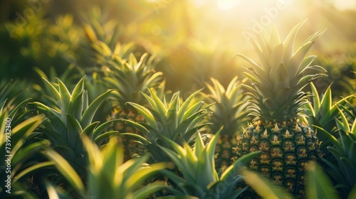 Sunlit scene overlooking the pineapple plantation with many pineapples, bright rich color, professional nature photo