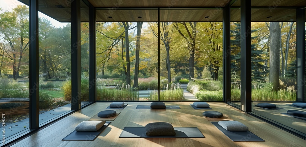 A serene meditation space with floor-to-ceiling windows overlooking a tranquil garden, adorned with yoga mats and meditation cushions.