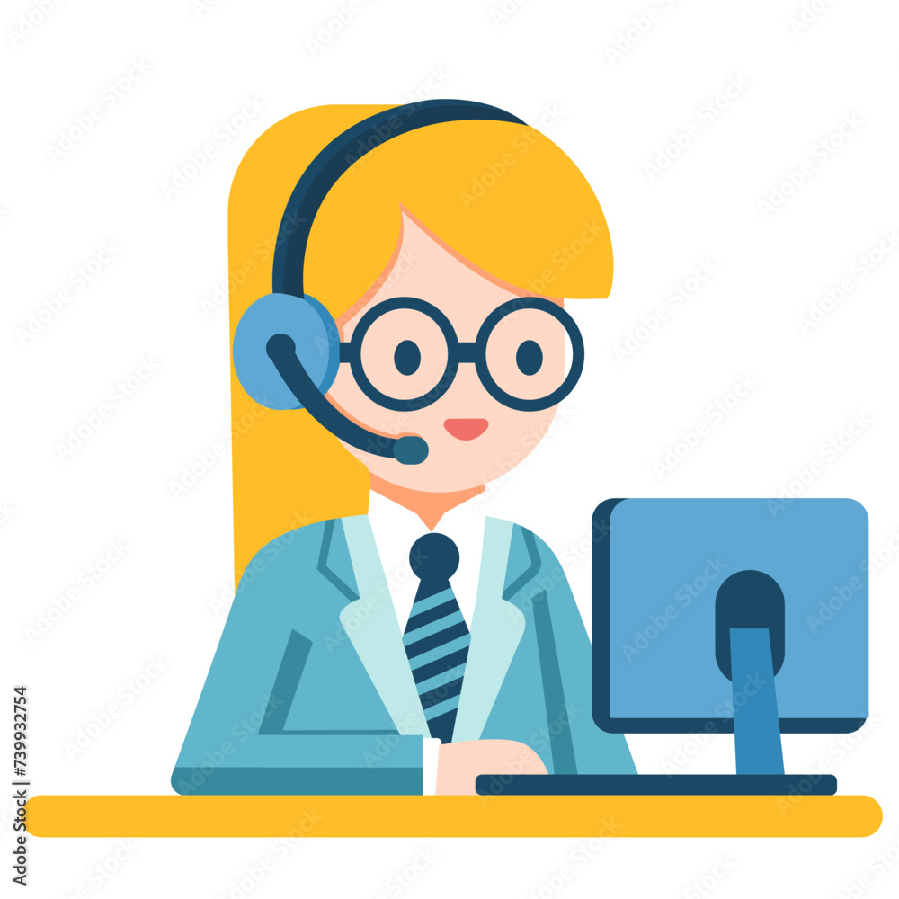 Customer service. Woman with headphones and microphone with PC. Concept illustration for support, call center.