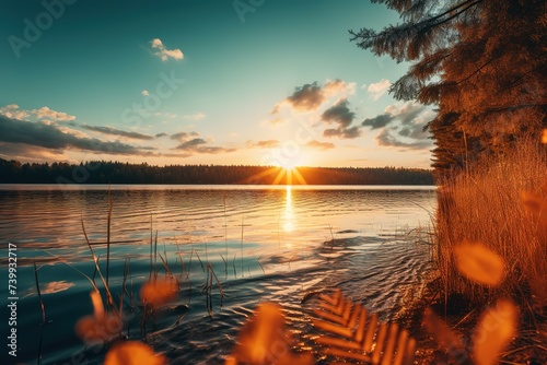 the sun is setting over a lake with leaves on the water, a bright orange sunset is shining over the trees. Generative AI
