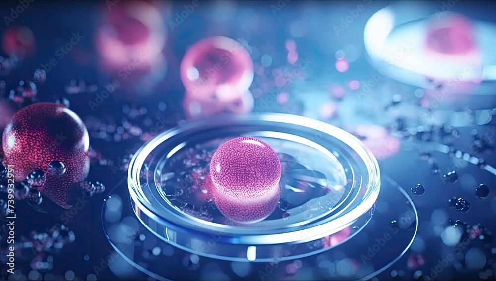Biomedical research. Cultured cells growing in a petri dish under a ...