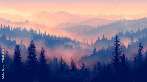Misty landscape with fir forest in vintage retro style. Generative AI © Akash Tholiya