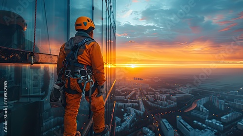 Professional glass cleaning worker in uniform and safety harness cleaning and repairing glass and windows of a building.ultra wind angle lens
