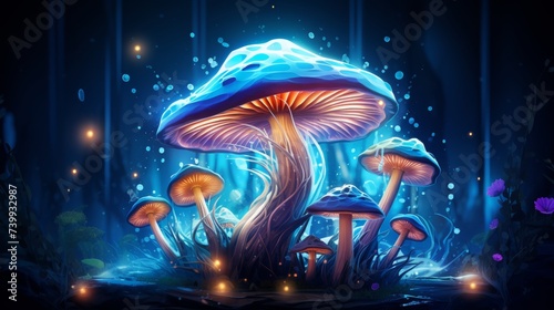 Enchanting glowing mushroom in mystical forest, creating a magical wizardly atmosphere with charm
