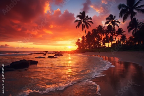 palm tree on the beach during sunset of beautiful pink sky Generative AI