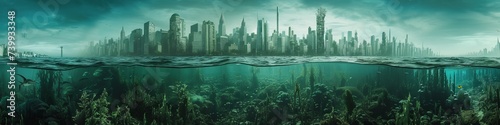 Post-climate change Earth, where once great cities are now part of the ocean landscape, with remnants of civilization peeking above the water's surface. photo