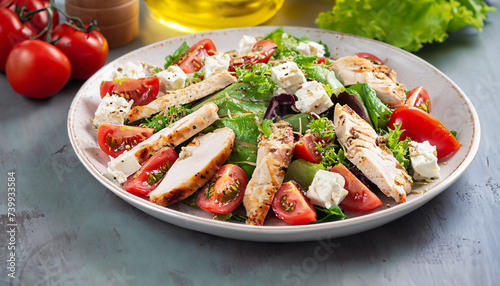 Healthy salad with roasted chicken, tomatoes and feta, studio shot, selective focus; diet nutrition concept background