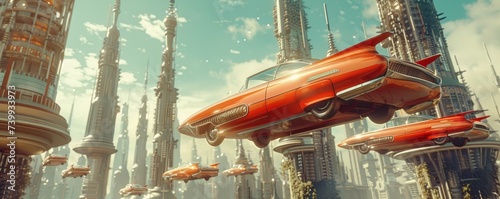 Retrofuturism realized 70s dream cars flying through the air cities with retro design towering high photo