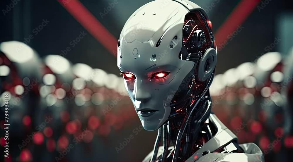 Futuristic sci-fi white robots lined up in a row, artificial intelligence technology. Futuristic sci-fi white robots lined up in a row, artificial intelligence technology.