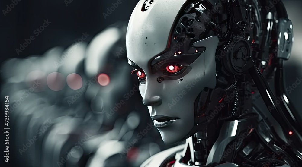 Futuristic sci-fi white robots lined up in a row, artificial intelligence technology. Futuristic sci-fi white robots lined up in a row, artificial intelligence technology.