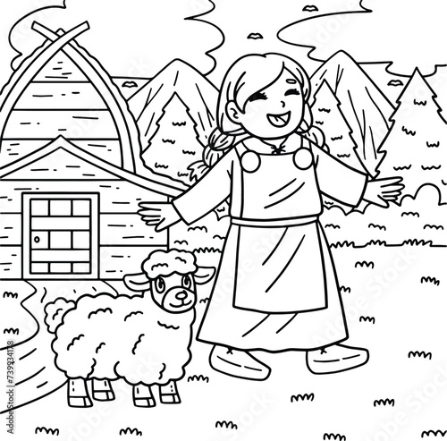 Viking Child with Sheep Coloring Page for Kids