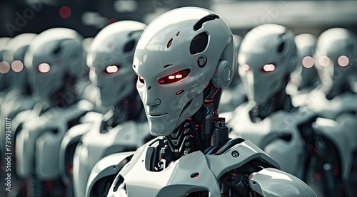 Futuristic sci-fi white robots lined up in a row, artificial intelligence technology.