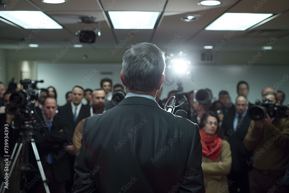 Politician facing intense media scrutiny during a public press conference. Concept Politician, Media scrutiny, Public press conference, Intense scrutiny, Political controversy Politician facing intense media scrutiny during a public press conference. Concept Politician, Media scrutiny, Public press conference, Intense scrutiny, Political controversy