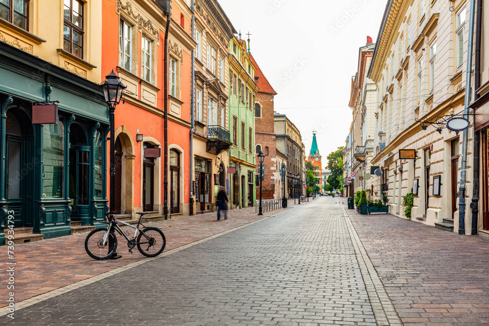 Old town street in Cracow, Poland at sunrise