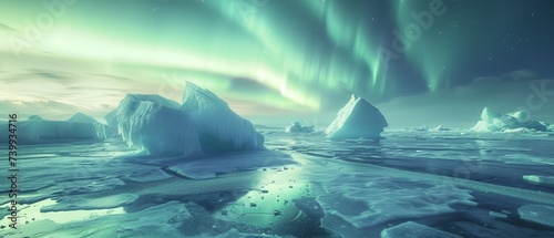 Surreal arctic landscape with icebergs floating in the sky, against a backdrop of the Northern Lights, over a frozen, glittering sea