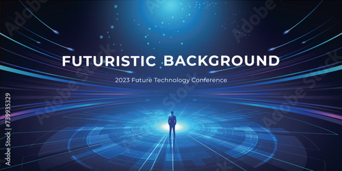 Businessman facing towards future city futuristic technology space background