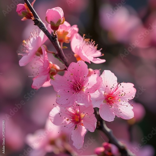Spring flowering branches, pink flowers, leaves, flowers