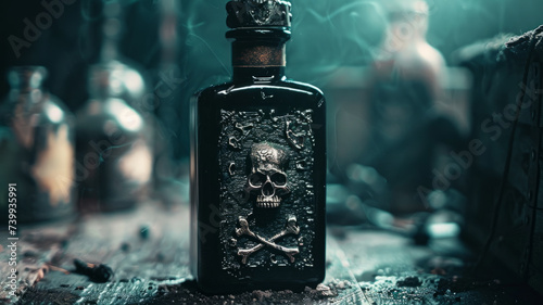 A bottle of poison on an old table.