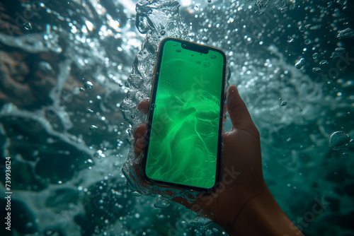 Mockup of an iPhone with a green screen, hand holding an iPhone, underwater