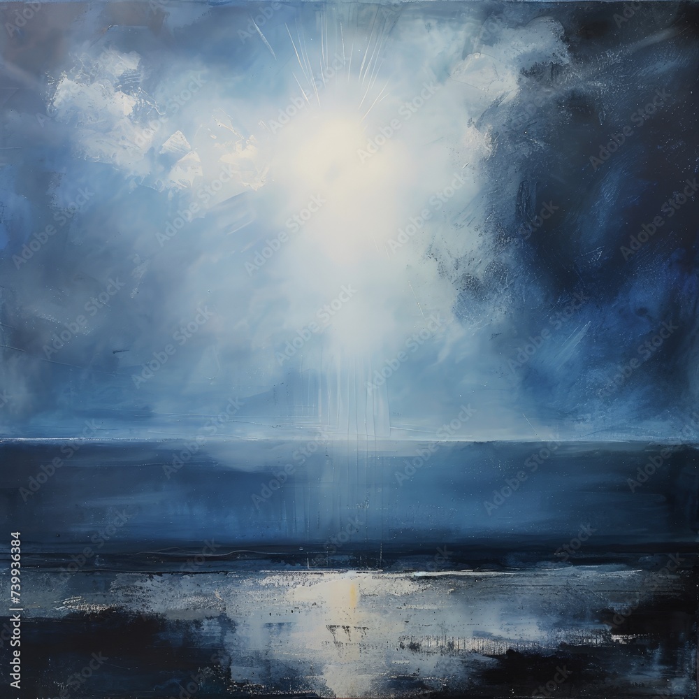 a painting of a body of water with a bright light shining through the clouds