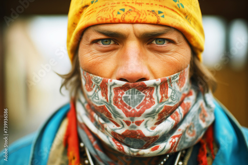 portrait of cowboy with bandana over face photo