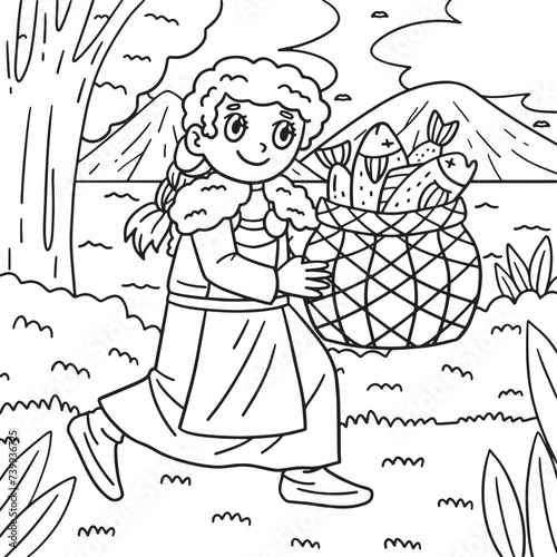 Viking Girl with a Basket of Fish Coloring Page 