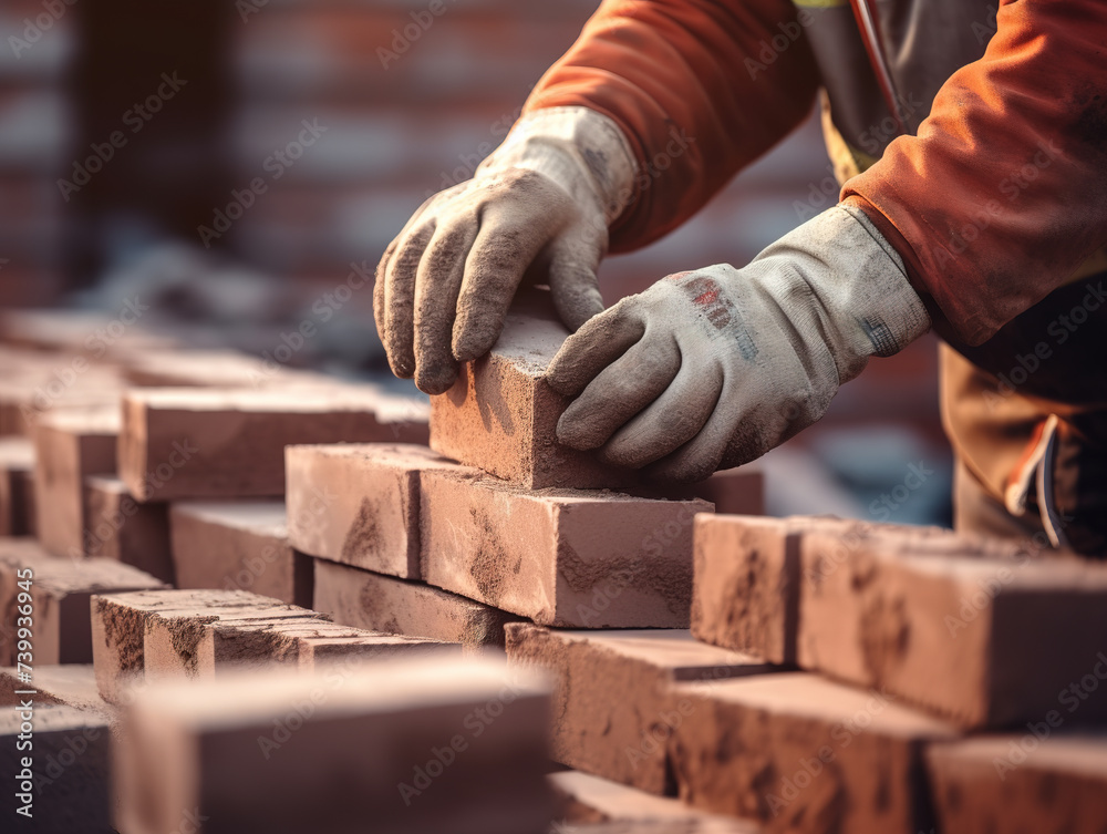 Close up of industrial bricklayer installing bricks on construction site. Close up of industrial bricklayer installing bricks on construction site.