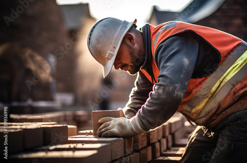 Close up of industrial bricklayer installing bricks on construction site.