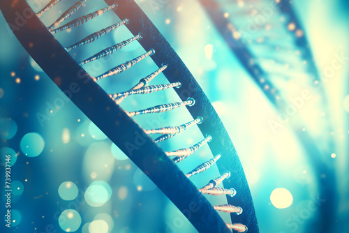 DNA strand with blue bokeh background, 3D illustration.