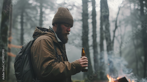 A man in hiking clothes with a bottle of beer in the autumn forest.
