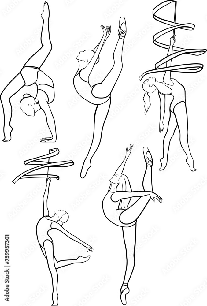 Rhythmic gymnastics girl with ribbon, set of vector outline illustration, isolated Rhythmic gymnastics girl with ribbon, set of vector outline illustration, isolated