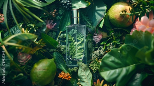 A perfume bottle surrounded by vibrant botanicals, reflecting its fresh and uplifting fragrance.