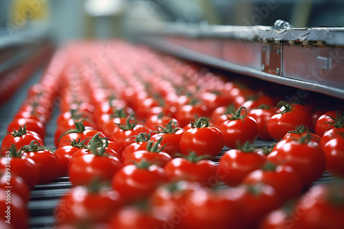 Ripe tomatoes on the conveyor belt of a vegetable processing plant