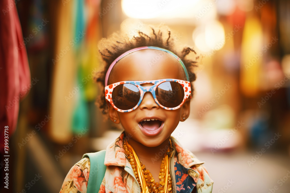 child wearing oversized sunglasses, posing playfully
