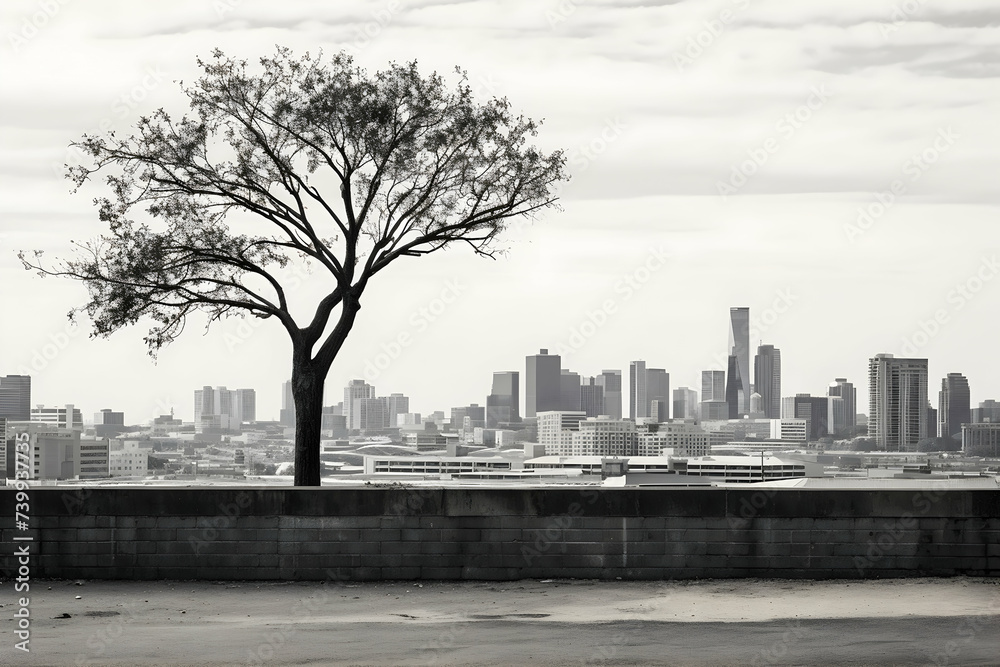 Black and white shot of a tree with a city in the background