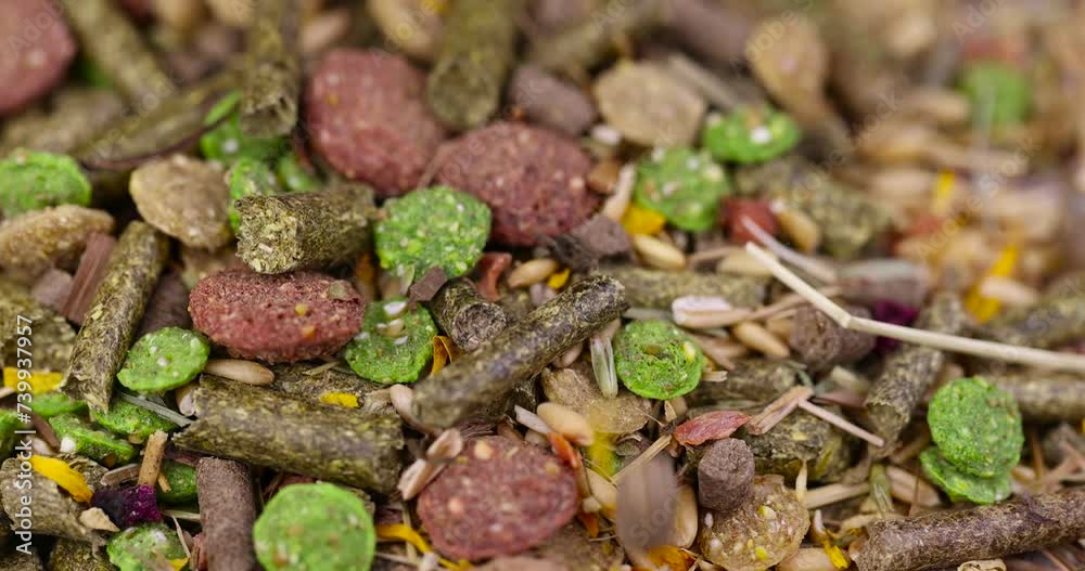 combined feed for rodents from hay, corn, cereals, vegetables, close-up of ingredients mixed for rodents combined feed for rodents from hay, corn, cereals, vegetables, close-up of ingredients mixed for rodents