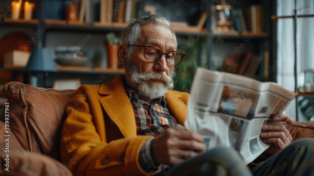 An elderly man with a gray beard reads a newspaper in a modern office. Happy old age concept