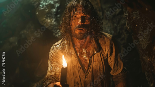Atmospheric photo of a tired pirate with a torch in a dark cave.